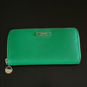 DKNY Vibrant Green Saffiano Leather Continental Zip-Around Wallet